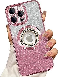 Misscase for iPhone 15 Pro Max Magnetic Glitter Case Compatible with MagSafe,Full Protection Slim Shockproof Anti-Scratch Case with Camera Lens Protector Logo View Dust-Proof Net for Women Pink