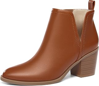 Coutgo Stivaletti da donna con tacco spesso impilato a mandorla senza lacci stile western Rosso-marrone. EU