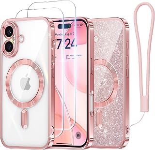 Meifigno iPhone 16 Case, [MagSafe Compatible][2x Screen Protector][Shining Cardboard & Hanging Rope] Full Lens Protection for 6.1 Inch, Rose Gold
