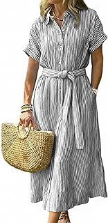 CHOUYATOU Women's Summer Boho Belted Striped Shirt Dress Casual Loose Short Sleeve Midi Long Beach Dress