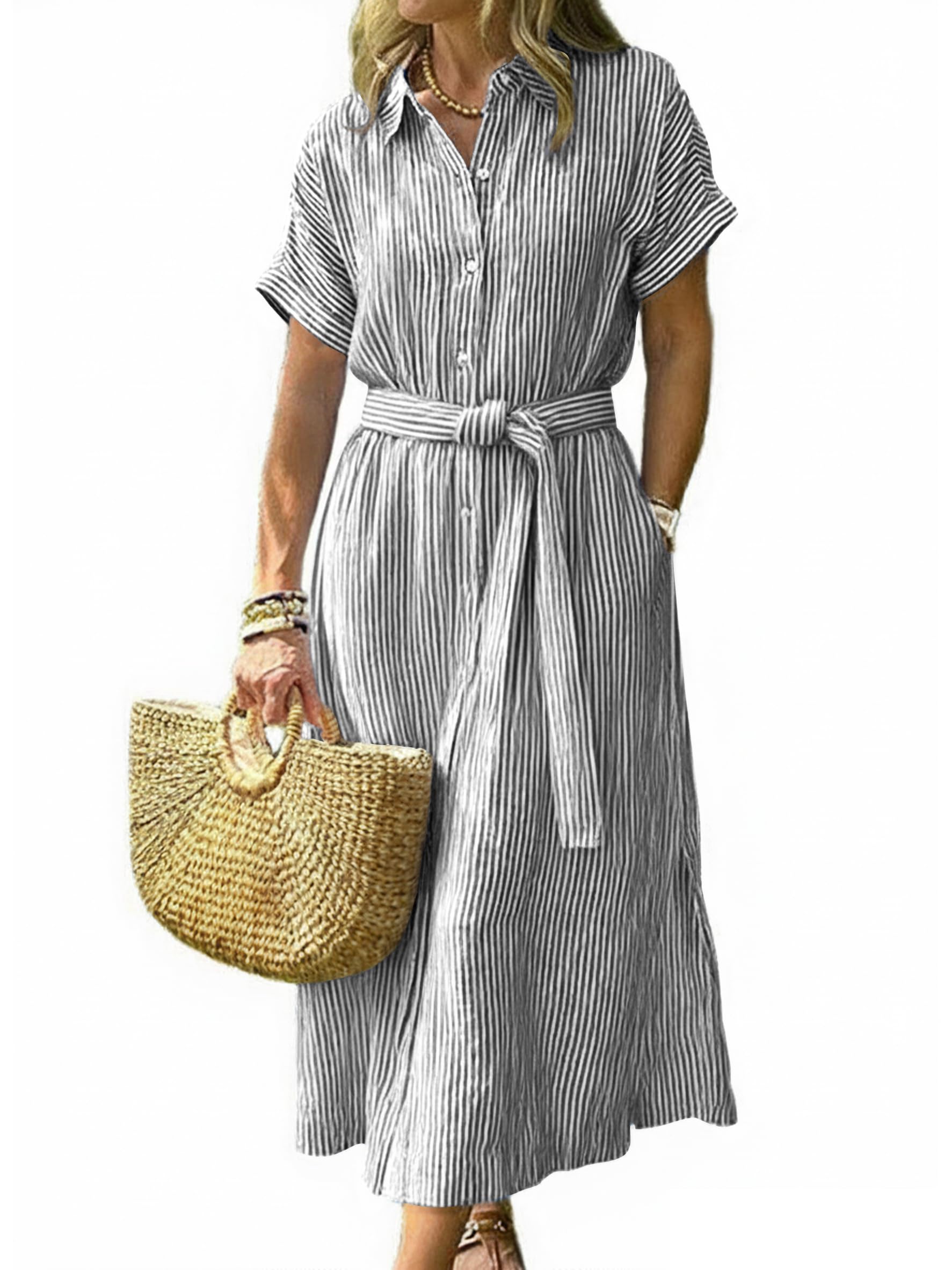 CHOUYATOU Women's Summer Boho Belted Striped Shirt Dress Casual Loose Short Slee