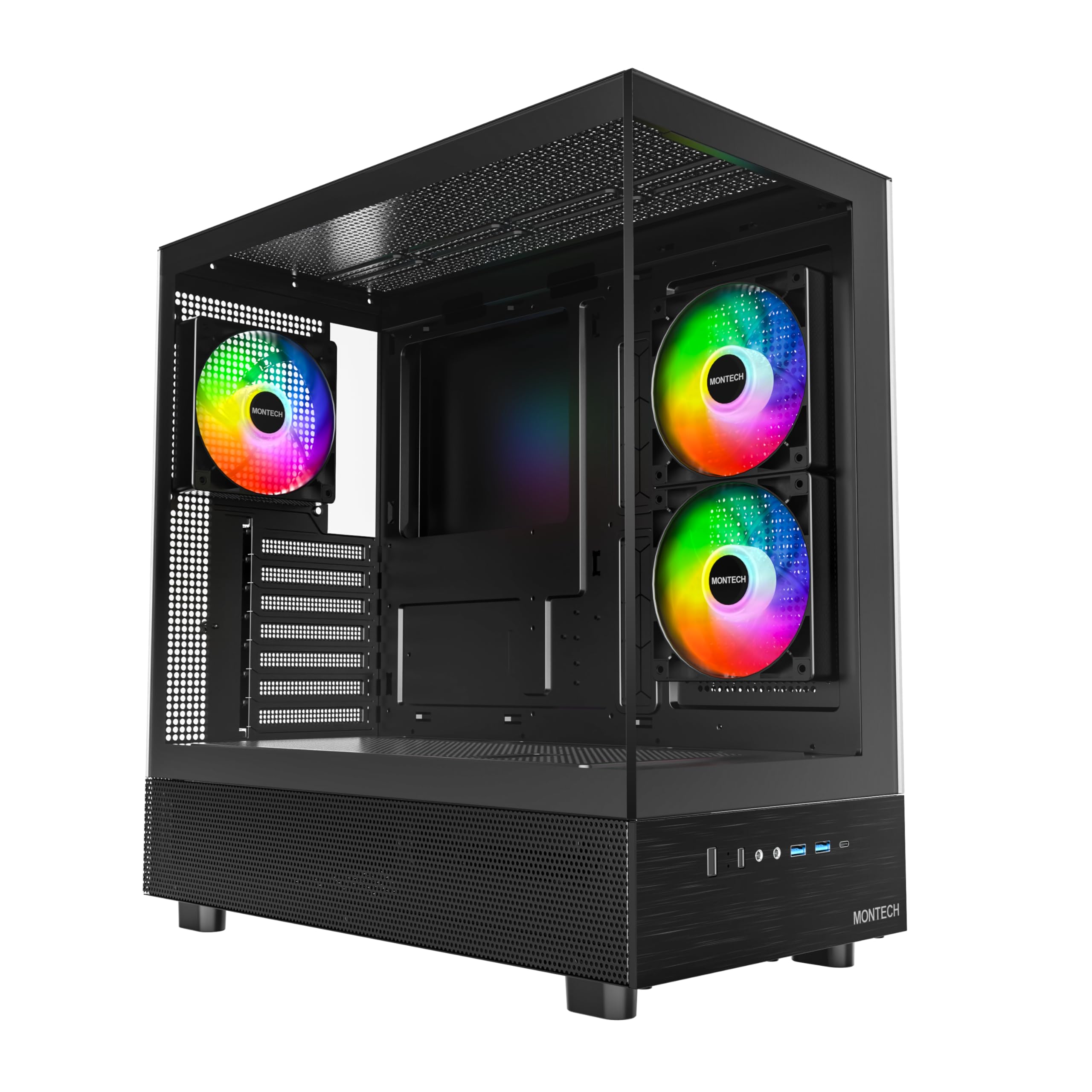 MONTECH XR Panoramic ATX Gaming PC Case, Mid Tower, 3 ARGB PWM Fans, Black | Hig