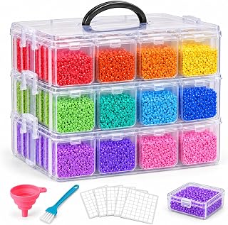 MERATIA 3-Tier Stackable Bead Organizer, 84 Grids Craft Storage Box | For diamond painting, Perler beads, rhinestones, small parts. Clear case, carry handle, funnel, brush, inner boxes