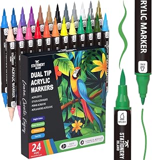 STATIONERY ISLAND Permanent Acrylic Paint Pens 24 Colours – Dual Tip Markers for Rock, Pumpkin, Stone, Glass, Ceramic, Wood & Fabric – Fine & Brush Tip Water Based Paint Pens for Halloween Crafts