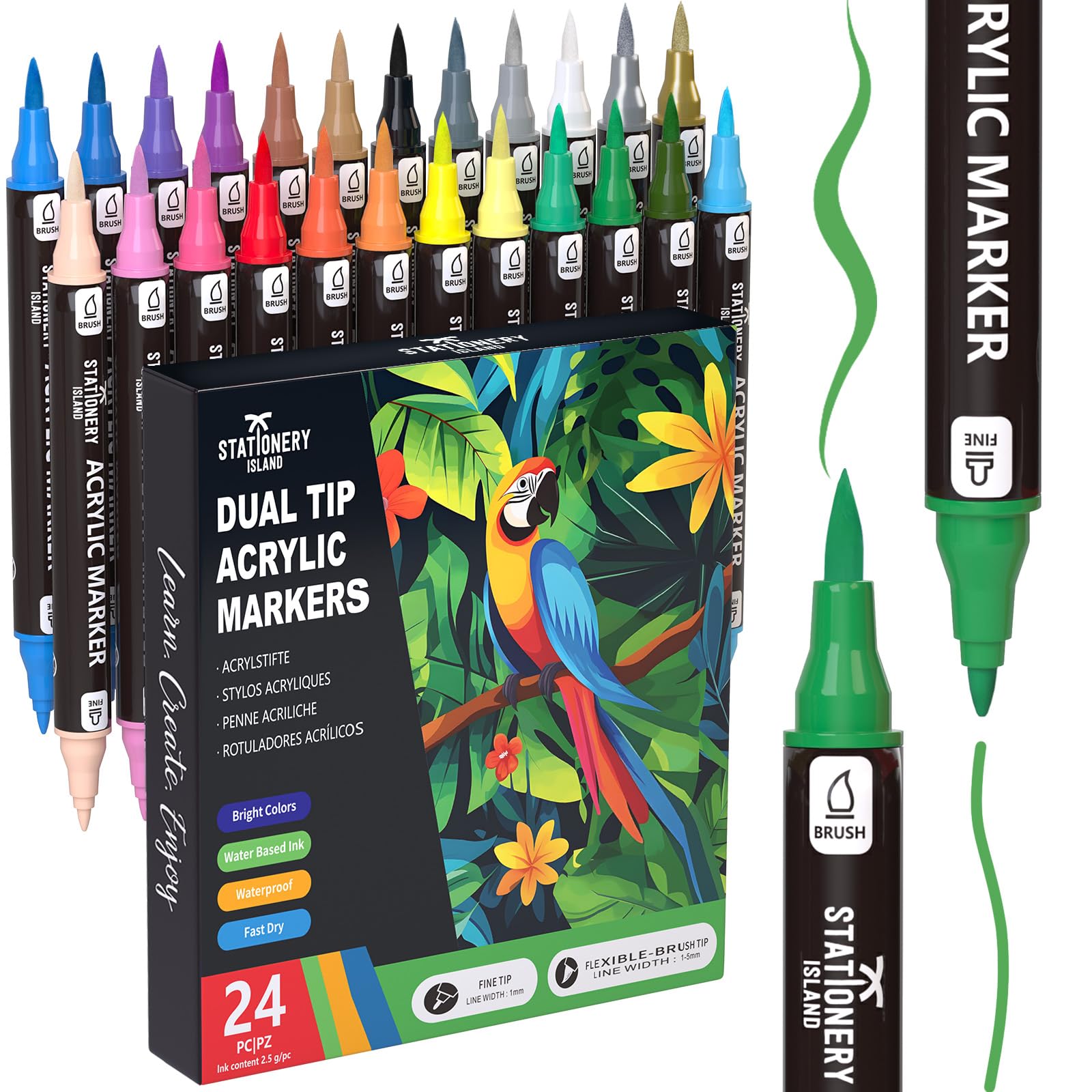 STATIONERY ISLAND Permanent Acrylic Paint Pens 24 Colours – Dual Tip Markers for