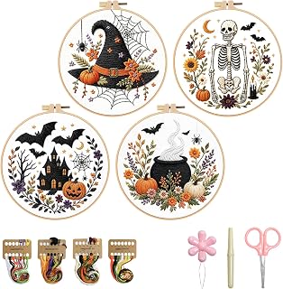 Halloween Embroidery Kit, Skeleton Cross Stitch Kits, 4 Set Craft Kits for Beginners with Pre-Printed Embroidery Fabric, Hoops, Step-by-Step Instructions, Color Threads & Needles (Halloween-4 Set)