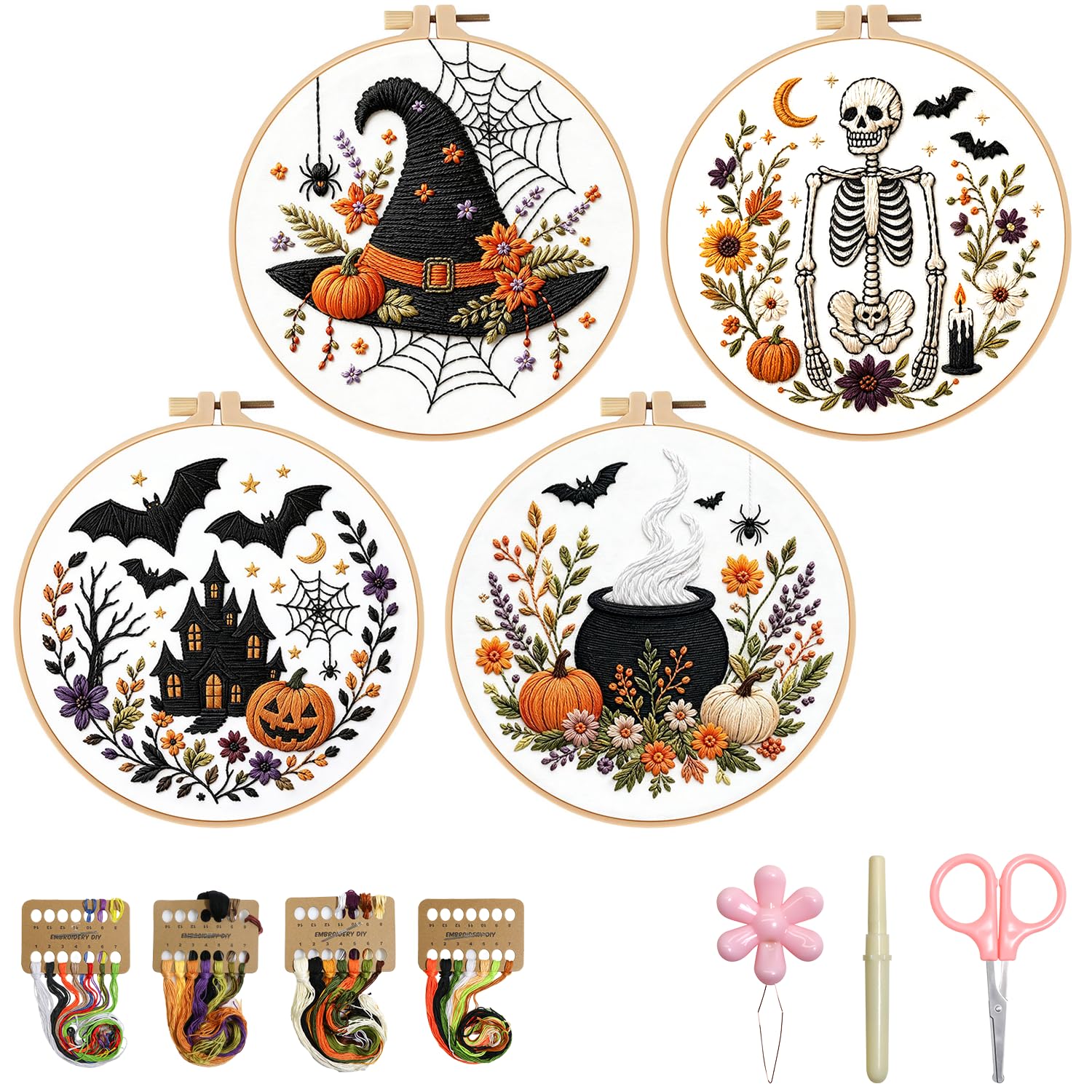 Halloween Embroidery Kit, Skeleton Cross Stitch Kits, 4 Set Craft Kits for Begin
