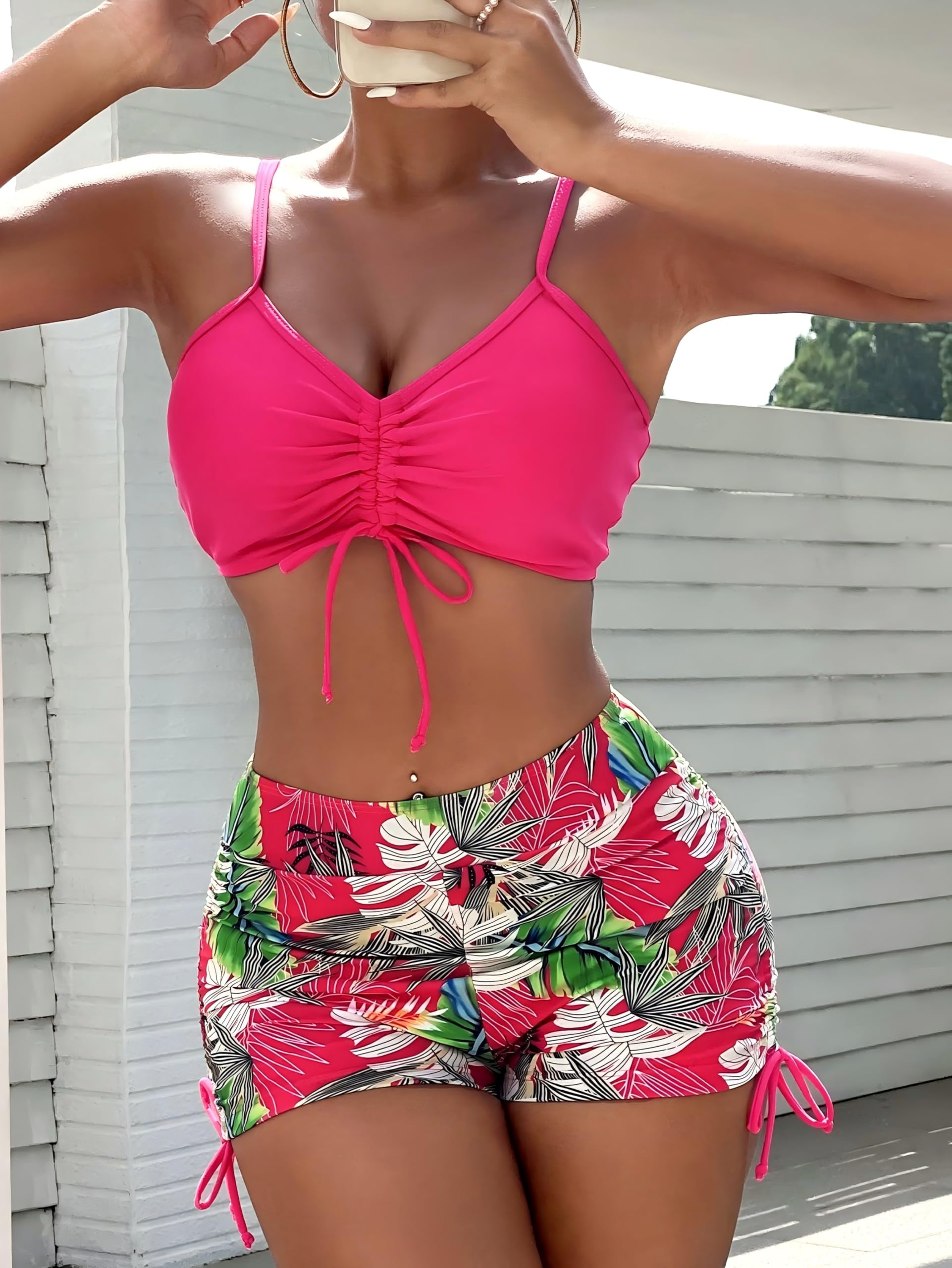 Women's Two Piece High Waisted Bikini Set Ruffle Front Drawstring Floral Print B