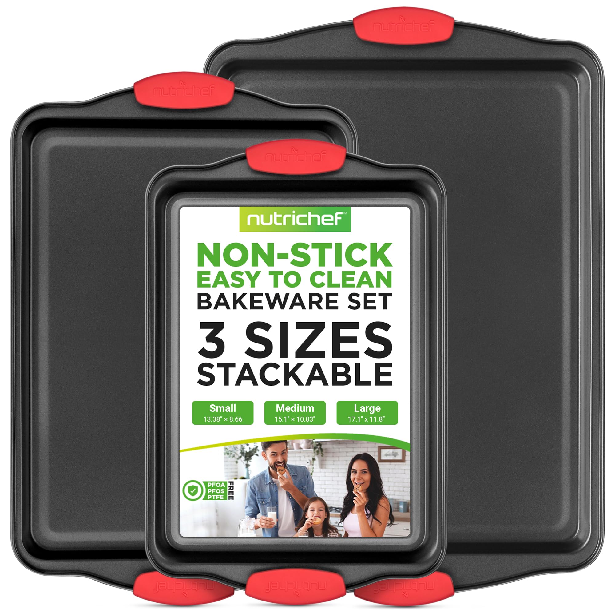 NutriChef 3‑Piece Nonstick Cookie Sheets – Carbon Steel Baking Sheet Set with No