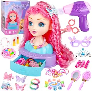 Kryonixty 4-in-1 Hair Styling Doll Head Pretend Makeup for Girls 3-10(9In) | 41pcs Beauty Salon Toys Pretend Play Set with Storage Base，Hair Accessories Princess Doll Birthday Gifts for Girls 3-10
