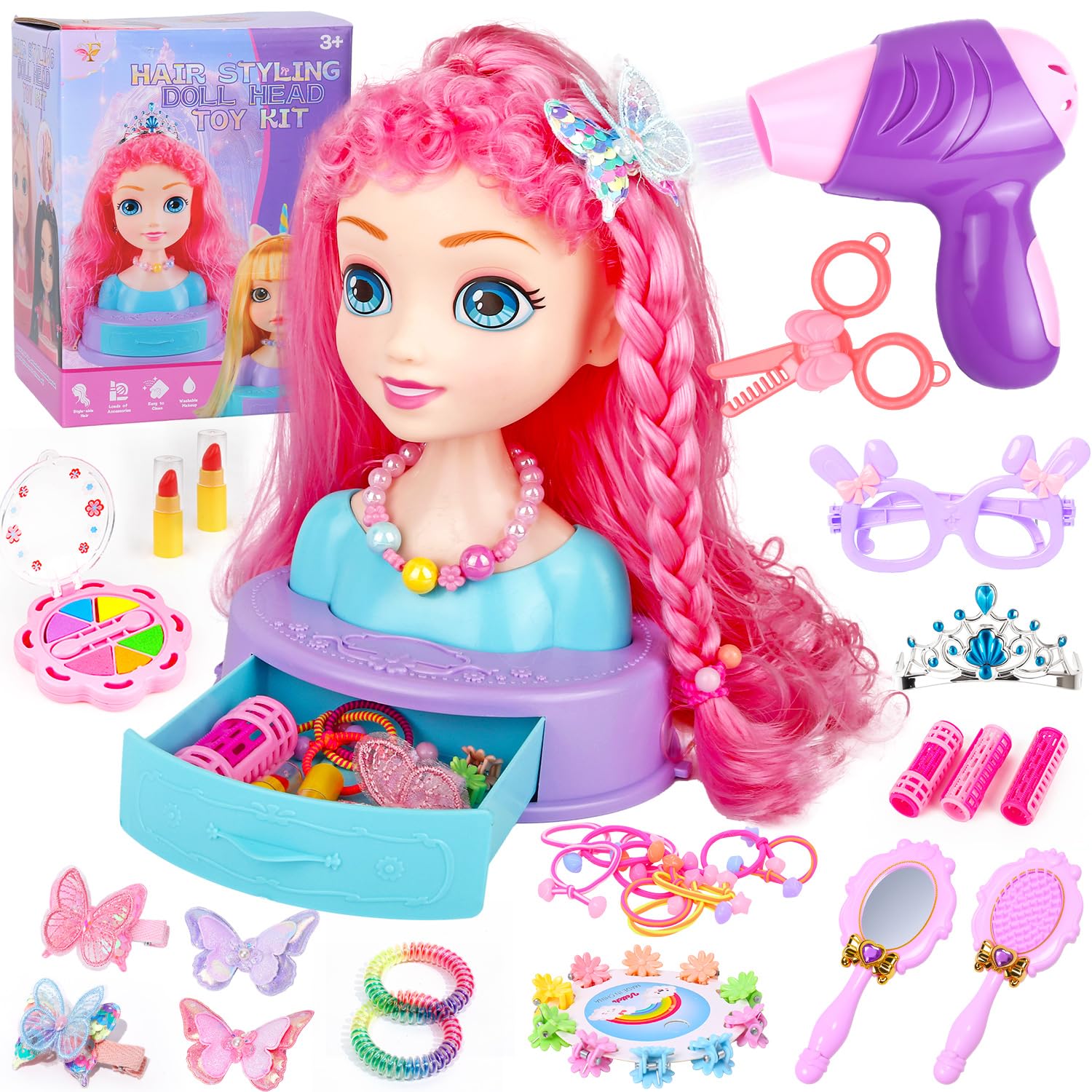 Kryonixty 4-in-1 Hair Styling Doll Head Pretend Makeup for Girls 3-10(9In) | 41p