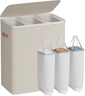 SONGMICS Laundry Basket, 190L Laundry Hamper with Lid, 3 Removable Bags | Easy Assembly Laundry Sorters, with Handles, 25.2 x 15.7 x 29.5 Inches, Cappuccino, BROSI Collection ULCB814LH01