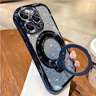 360 Spin Magnetic Stand for iPhone 16 Pro Max Case Glitter Card Compatible with Magsafe with Camera Lens Protector Women Phone Case for iPhone 16 Pro Max,Blue