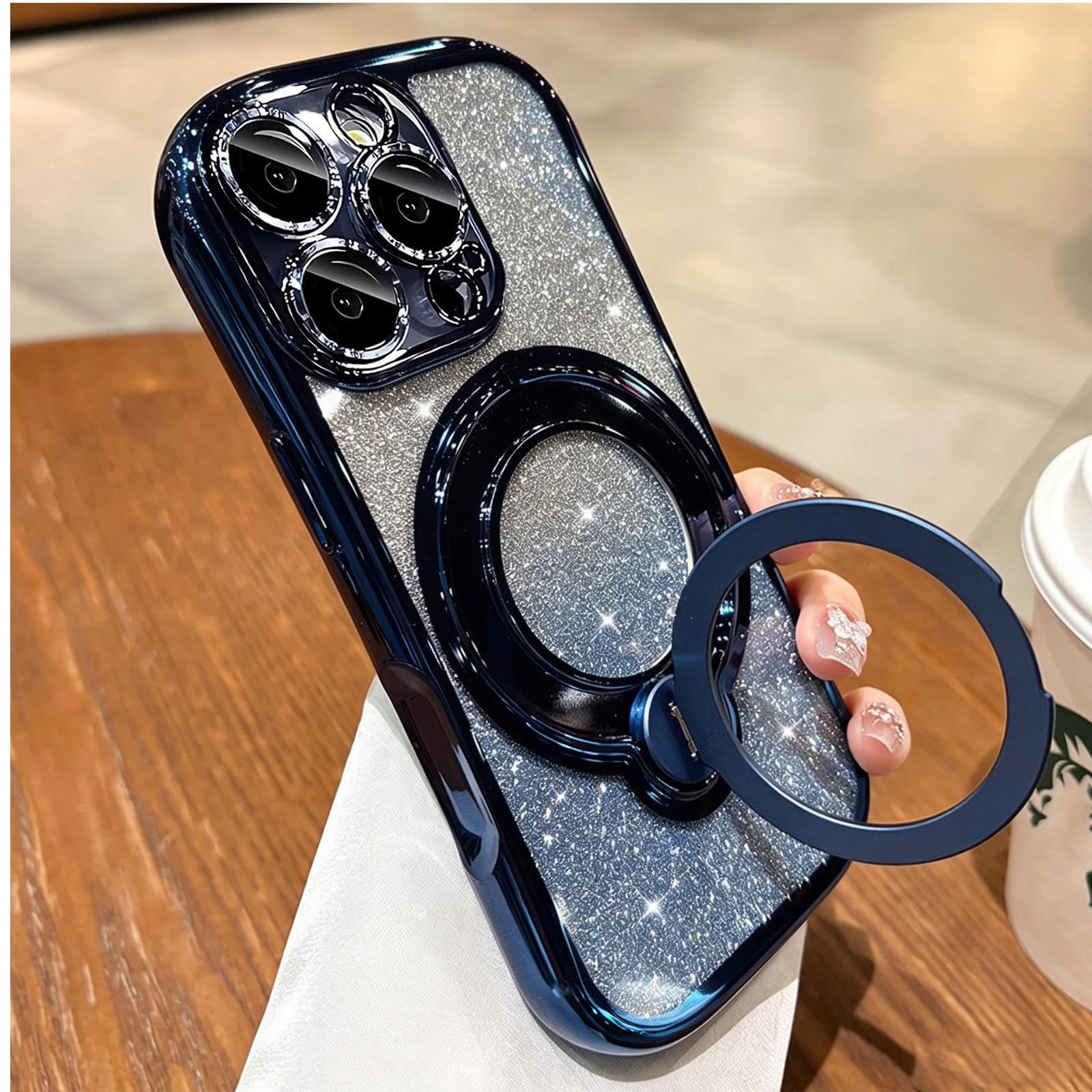 360 Spin Magnetic Stand for iPhone 16 Pro Max Case Glitter Card Compatible with 