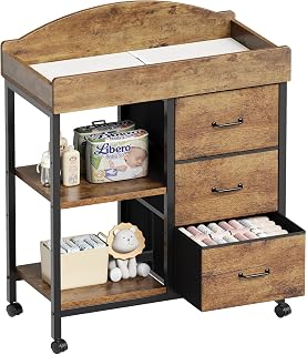 Yetom Changing Table, 3 Drawers&2 Shelves, Changing Table Dresser, Brown | Baby Changing Table,Waterproof Diaper pad & Safety Strap, Mobile wheels, Baby Dresser with Changing Table Top, Nursery
