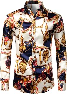 ZEROYAA Men's Printed Design Satin Button Up Dress Shirt