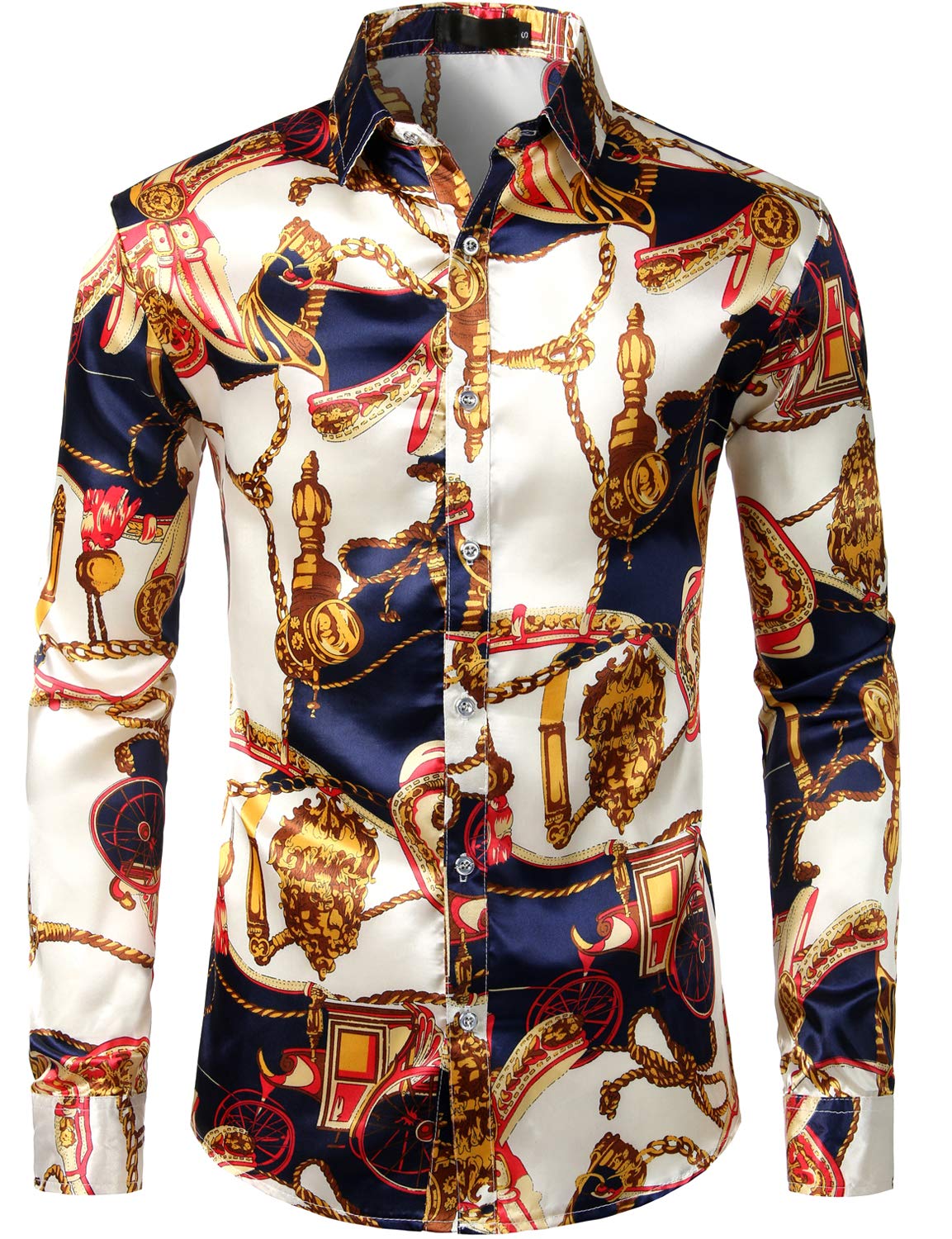 ZEROYAA Men's Printed Design Satin Button Up Dress Shirt