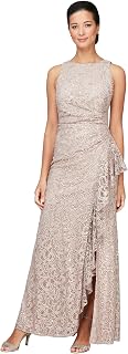 Alex Evenings Women's Long Sleeveless Mother of The Bride Dress w/Cascade Ruffle & Front Slit (Petite and Regular Sizes), Buff, 4