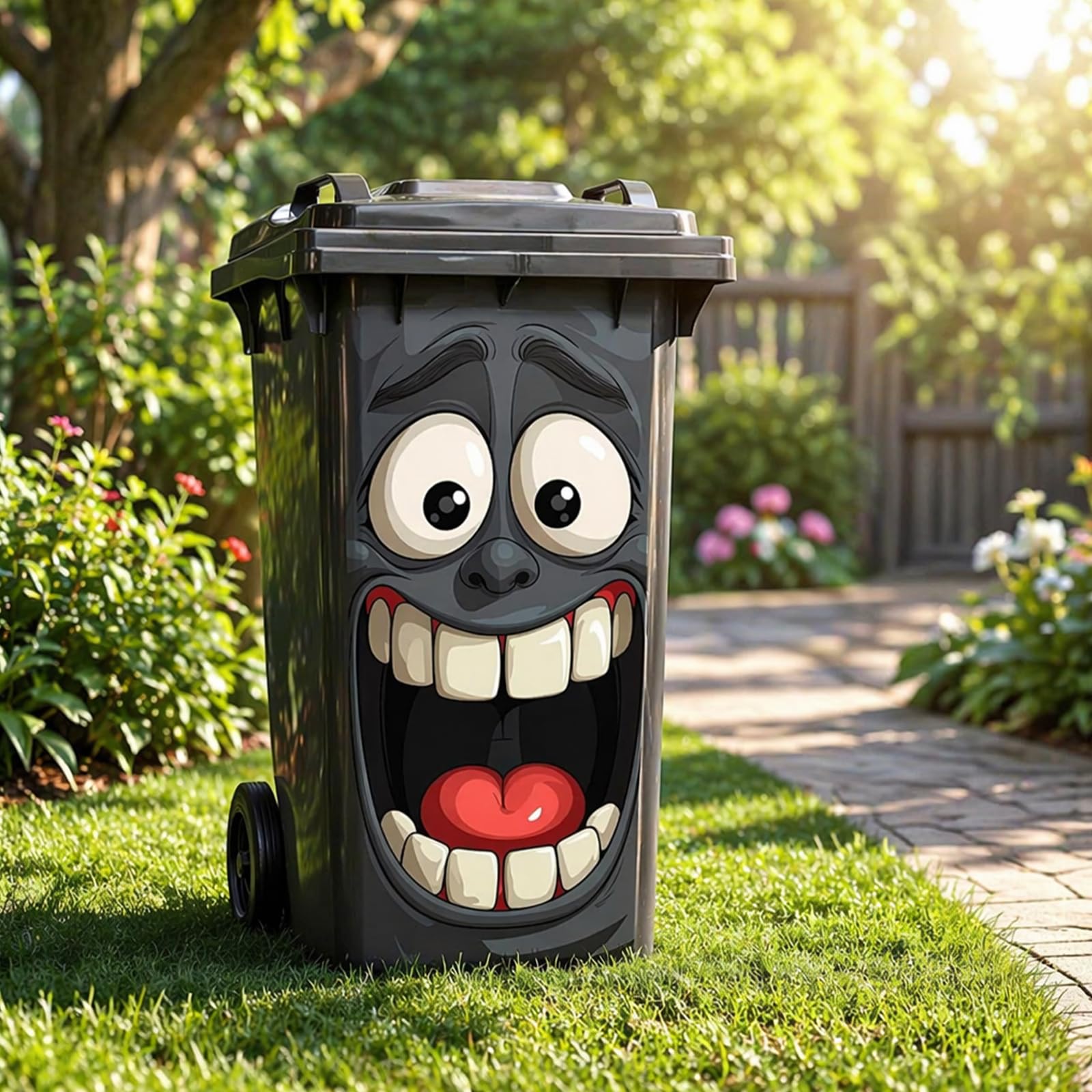 Trash Can Stickers, Self Adhesive Waterproof Vinyl Funny Dustbin Sticker | Wheel