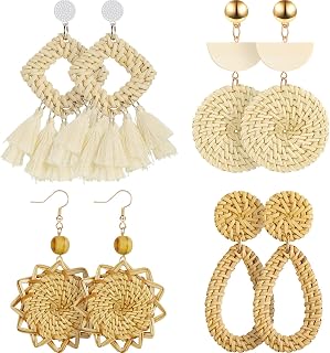 meekoo 4 Pairs Rattan Earrings for Women Beach Essentials Tassel Dangle Boho Straw Earrings