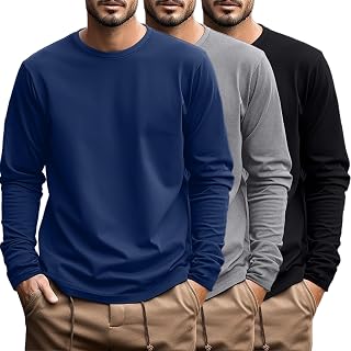 Ficerd - 3 Pack Men's Big & Tall Long Sleeve Cotton T-Shirts Crew Neck Plus Size