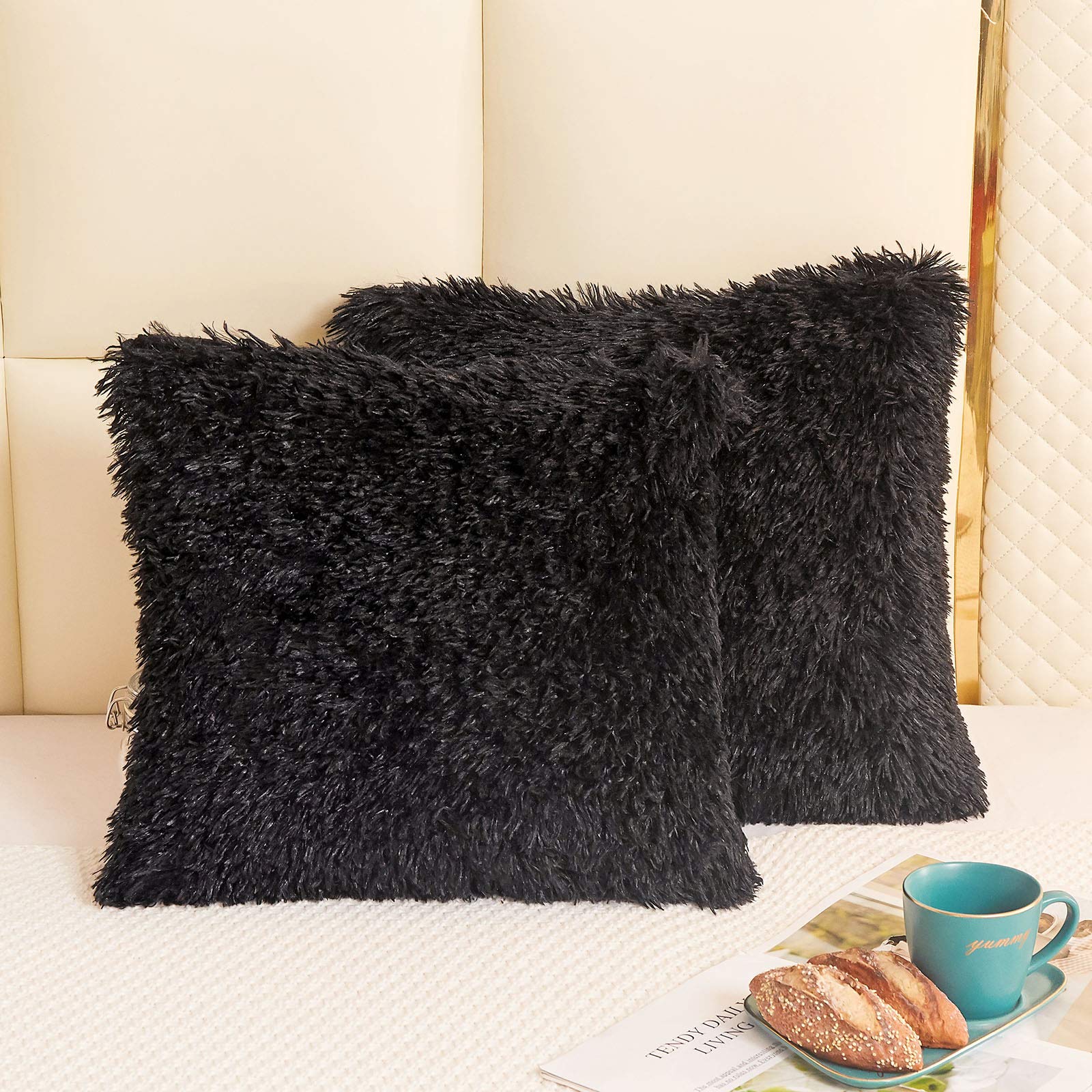 LIFEREVO Fluffy Faux Fur Throw Pillow Covers Pack of 2, Black