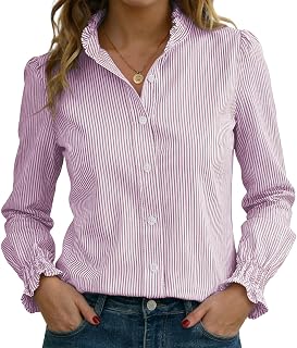 Funlingo Women's Striped Button Down Shirts Long Sleeve Smocked Cuffed Ruffle Collar Blouses Spring Work Business Casual Tops
