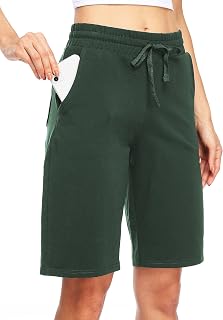 WILLIT Women's Bermuda Cotton Shorts Sports Trousers Summer Yoga Trousers Fitness Knee-Length Sweat Shorts for Running Workout 10 Inches with Pockets