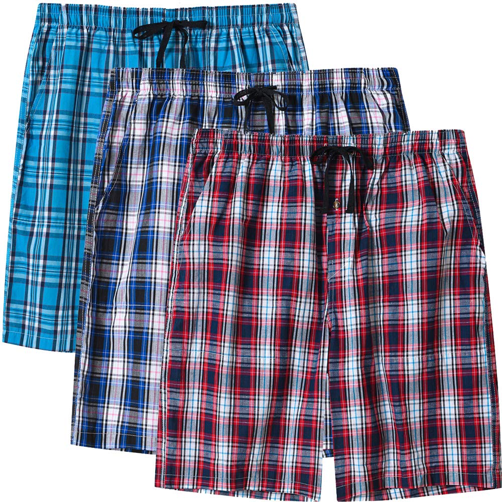 MoFiz Men's Sleepwear Shorts Pajama Bottom Lounge Short Plaid Button Open Fly 3P