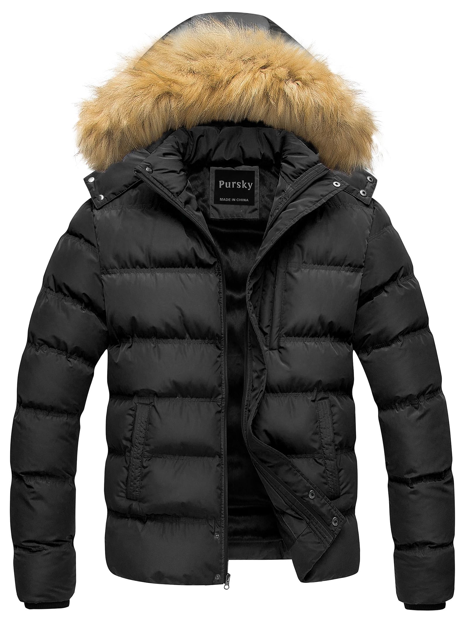 Pursky Men's Puffer Jacket Waterproof Winter Bubble Coats Ski Parka Fur Hooded