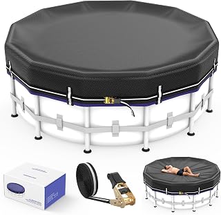 LXKCKJ 28 Ft Round Pool Covers for Above Ground Pools, Extra Thick 185G PE | 100MPH Windproof with Fast Tightening Ratchet & Weight Rings, 600LB Tear-Resistant, Waterproof 12000PA, Cold-Resistant,UPF50+