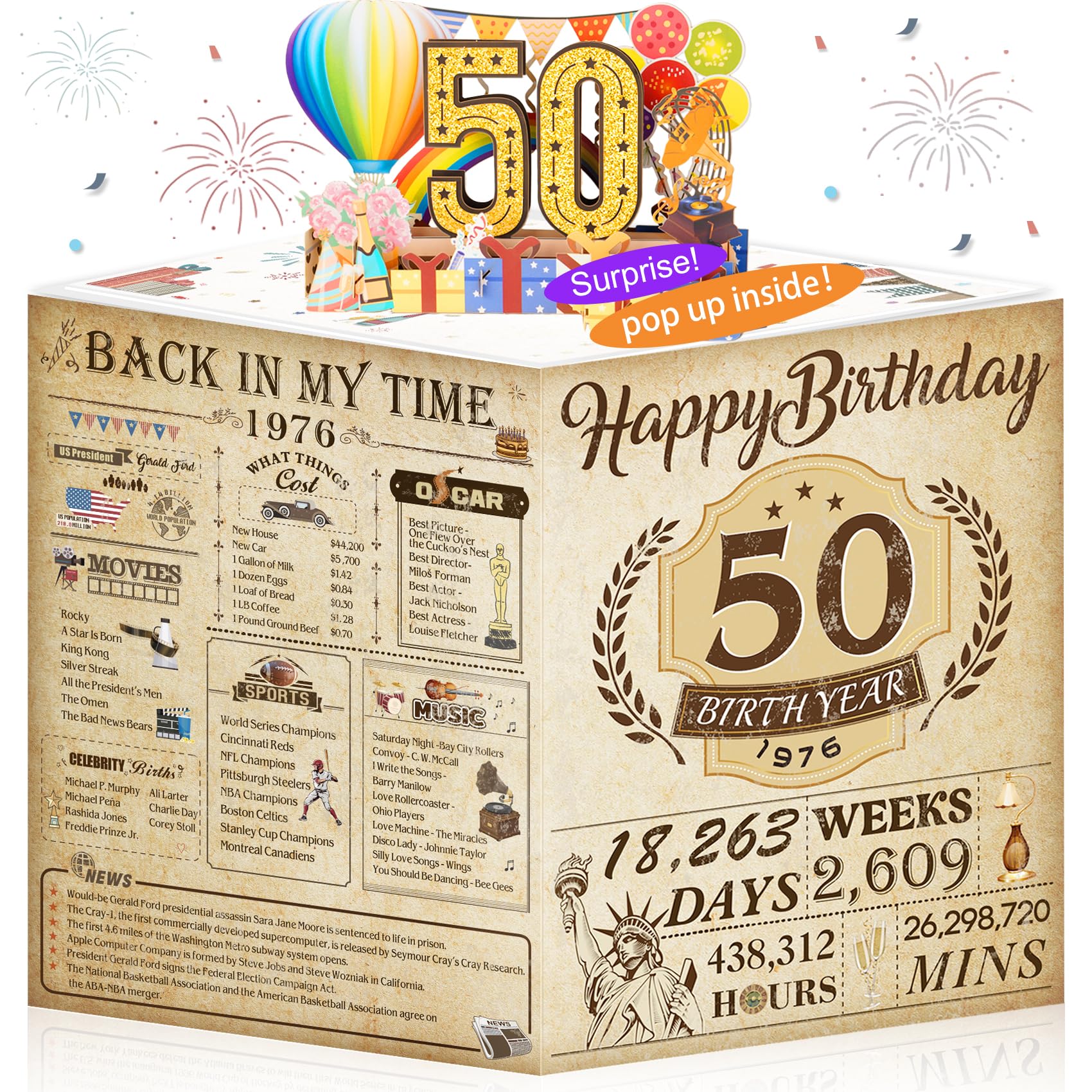 50th Birthday Card for Men Women, 3D Pop Up 50th Birthday Gifts Cards for Him He