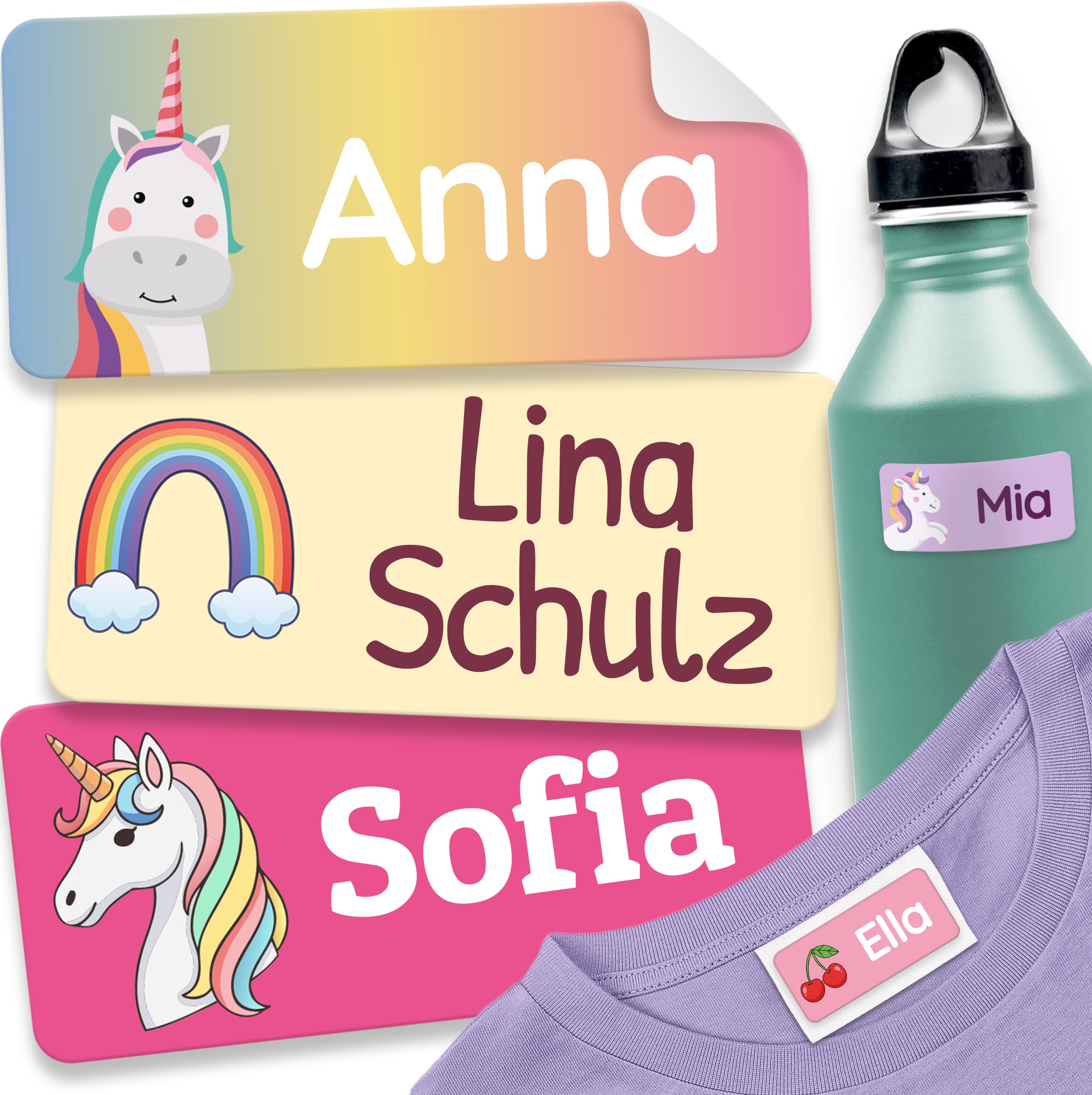 melu kids® Namensaufkleber für Kinder - Kita/Schule (60 Stk, Einhorn)