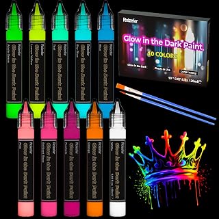 Roizefar Glow in the Dark Paint, 10 Colors Permanent Fabric Paints | 3D Glow Effect, Neon Acrylic Paint, Ideal for Clothes, T-Shirt, Canvas, Art Painting, Crafts, DIY Decoration (20 ml/0.68 oz)