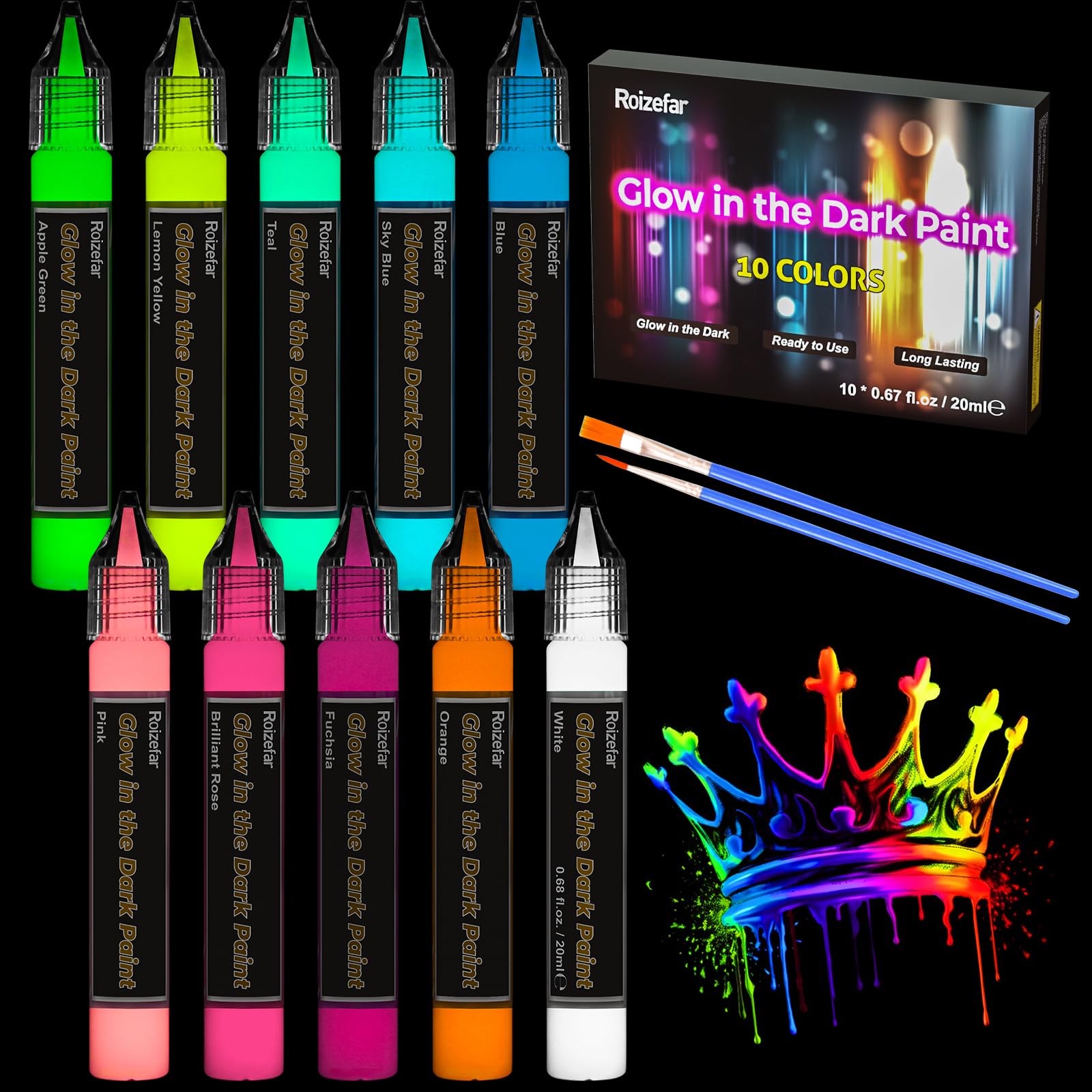 Roizefar Glow in the Dark Paint, 10 Colors Permanent Fabric Paints | 3D Glow Eff