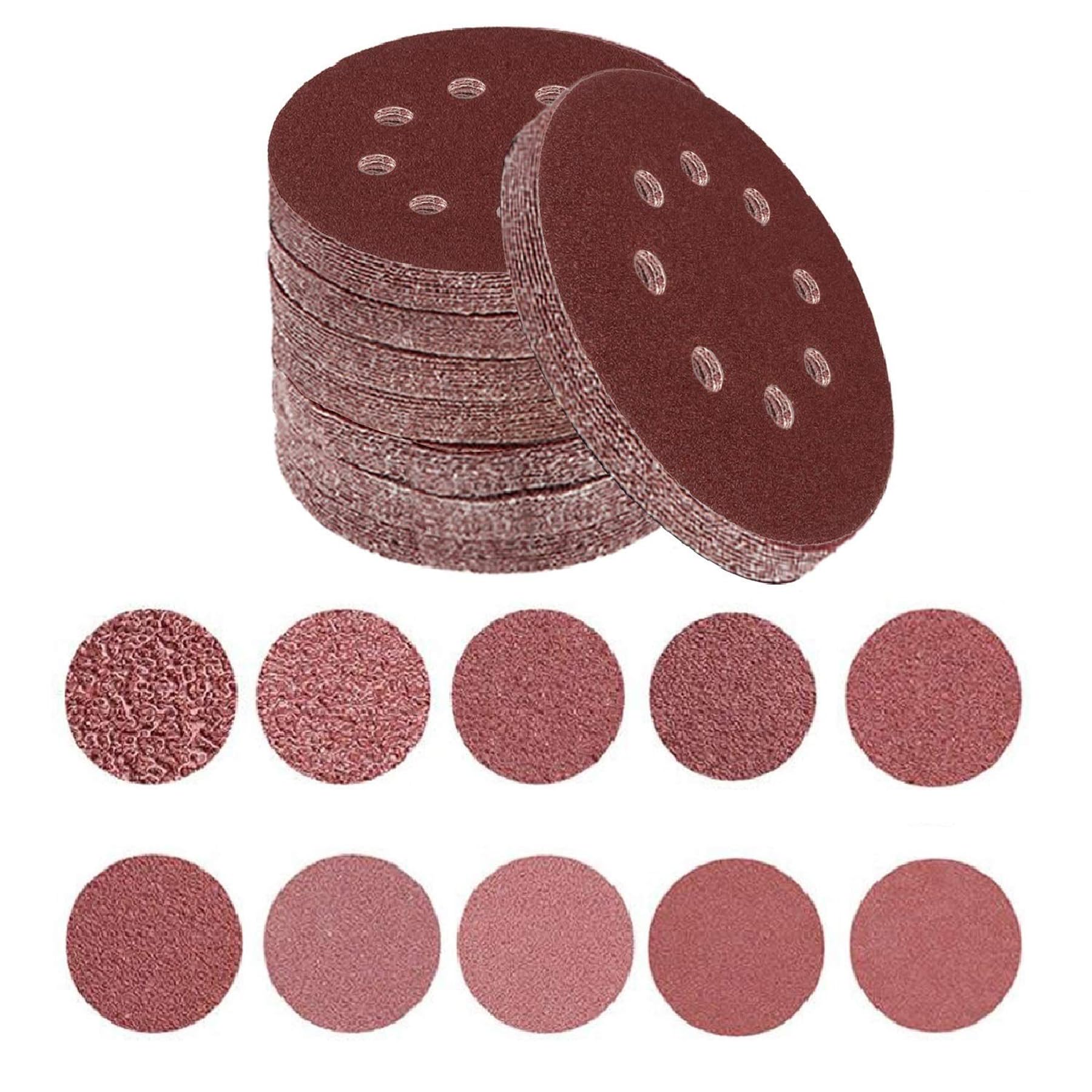 100Pcs 125mm Sanding Discs, 8-Hole Orbital Sandpaper 60-600 Grit
