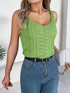 Women Cute V Neck Hollow Out Knit Tank Tops Casual Sleeveless Regular Tunic Holiday Beach Pool Blouse
