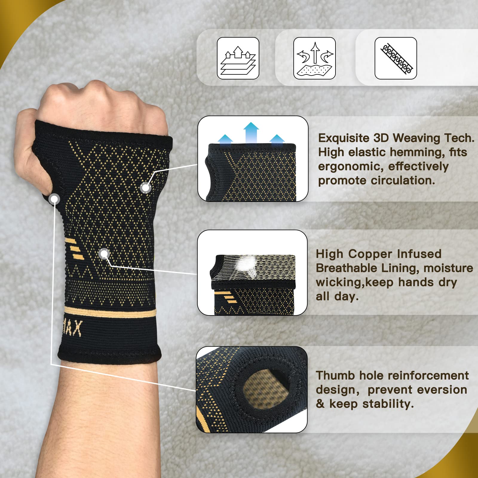 INDEEMAX Wrist Support Sleeve 1 Pair, High Copper Infused Compression Brace with
