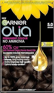 Garnier Olia Luminous Long-Lasting Permanent Hair Colour, 5.0 Brown | 100% Grey Coverage, Oil-Powered Formula, Luminous Long-Lasting Vibrant Colour, No-Ammonia, 3x Shinier Hair