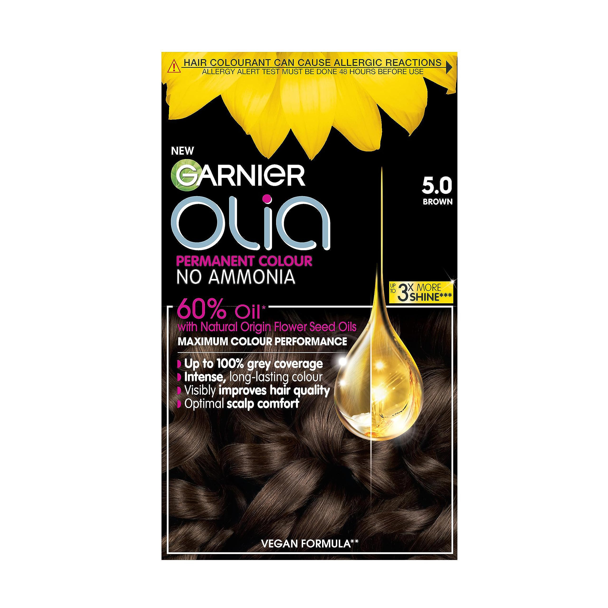 Garnier Olia Luminous Long-Lasting Permanent Hair Colour, 5.0 Brown | 100% Grey 