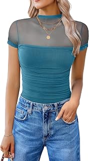 Avidlove Women Short Sleeve Bodysuit Turtleneck Mesh One Piece Leotard Going Out Outfits Date