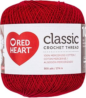 Red Heart Classic Size 10 Cotton Crochet Thread, Victory Red, Single | 100% Mercerized Cotton Thread for Doilies, Lacework, Tablecloths, Apparel, and Home Decor, 300 yards