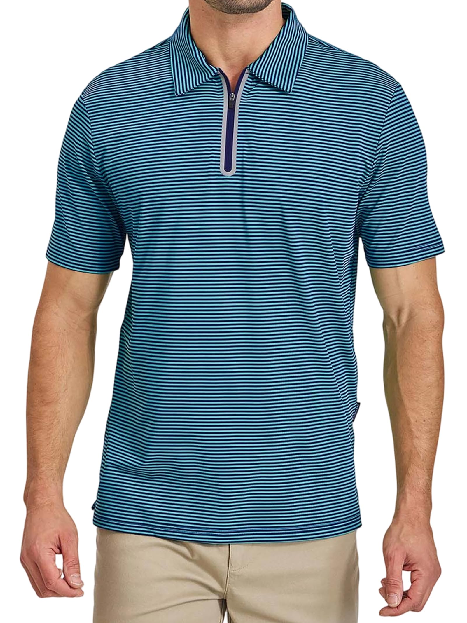 Men's Quarter Zip Golf Polo Short Sleeve Striped Performance Top