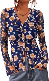 BTFBM Button Down Shirts for Women 2025 Casual V Neck Long Sleeve Autumn Top Lightweight Pleated Slim Fit Floral Top