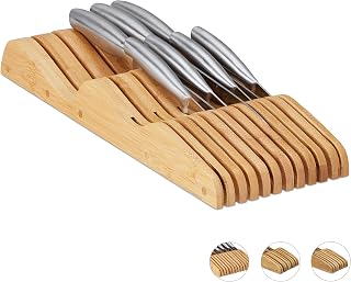 Relaxdays HLP 5 x 14.5 x 40 cm Bamboo Knife Block Drawer Insert for 11 Knives, Organiser, Natural