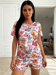 Two Piece Pajama Set for Women Sleepwear Short Sleeve Shorts Soft Comfy Cute Print Loungewear Home Casual Wear