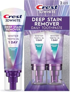 Crest 3D White Deep Stain Remover Brilliant White Toothpaste, 3.1 oz (Pack of 2), Whiter Teeth in 1 Day, Enamel Safe Fluoride Toothpaste for Fast Stain Removal and Prevention