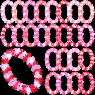 Sherr 24 Pcs LED Leis Light up Wedding Hawaiian Leis Flower Necklace with LED Lights Beach Tropical Carnival Party Wedding Supplies Luau for Masquerade(Pink Series)