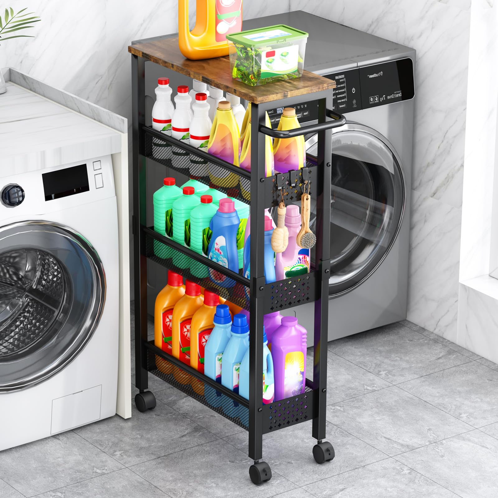 Vivihomety 4-Tier Slim Utility Rolling Laundry Cart with Wheels, Metal | Narrow 
