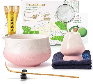 TEANAGOO Matcha Kit (7pcs) Lot de 7 fouets à matcha rose, kit de poudre matcha de cérémonie, service à thé matcha pour faire du latte, ensemble de fouet à matcha et bol avec cuillère et tamis